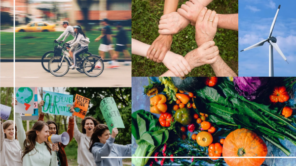 Collage von fahrradfahrenden Menschen, Menschen, die sich in Sternform die Hand geben, ein Windrad, Umweltaktivist*innen und Gemüse