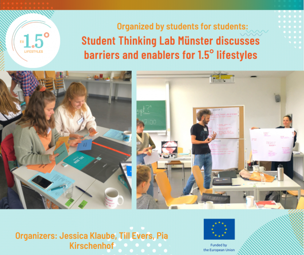 Organized by students for students: Student Thinking Lab Münster discusses barriers and enablers for 1.5° lifestyles. Organizers: Jessica Klauben, Till Evers, Pia Kirschhof